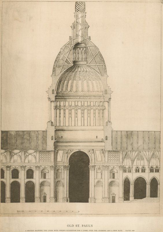 Alte St. Pauls Kathedrale; ein Querschnitt zeigt den Chor mit Sir Christopher Wrens Vorschlag für eine Kuppel von English School