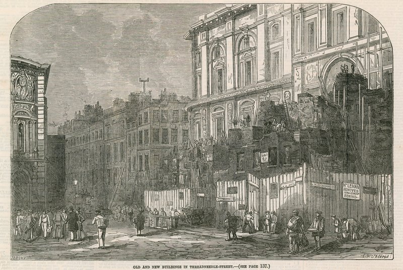 Alte und neue Gebäude in der Threadneedle Street, London von English School