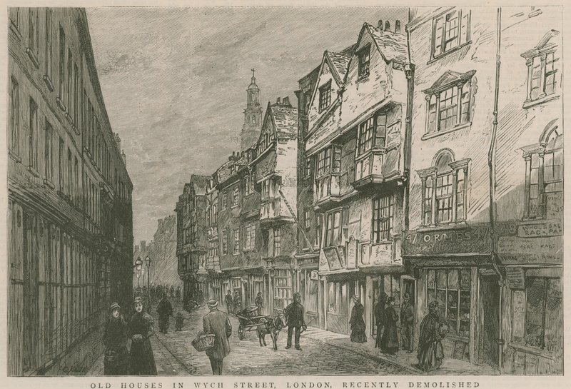 Alte Häuser in der Wych Street, London, kürzlich abgerissen von English School