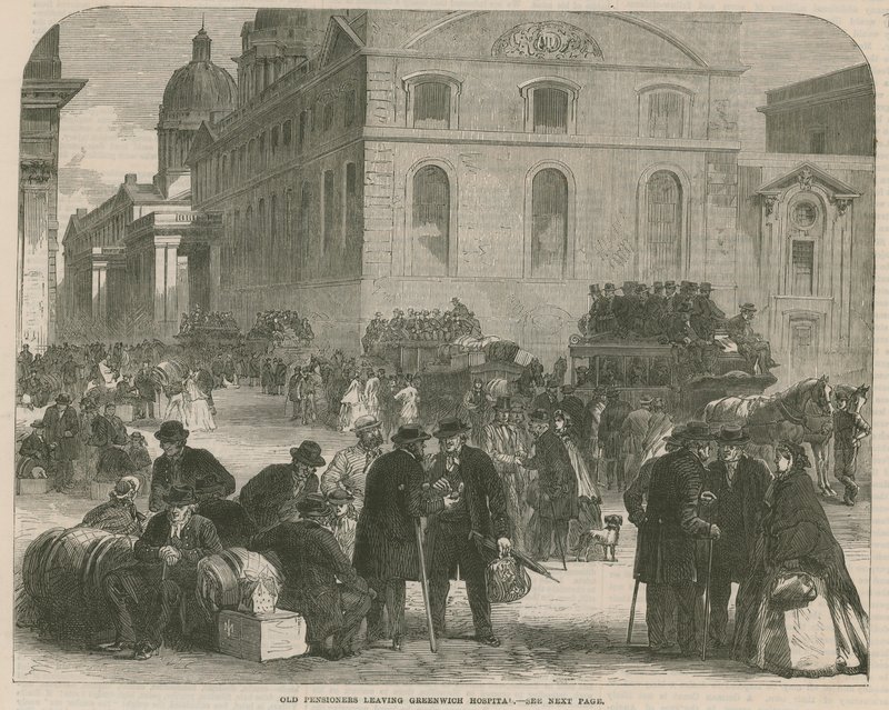 Alte Rentner verlassen das Greenwich Hospital von English School