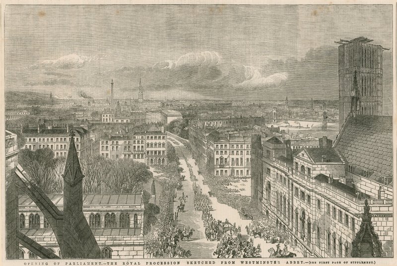 Eröffnung des Parlaments - die königliche Prozession, skizziert von der Westminster Abbey von English School