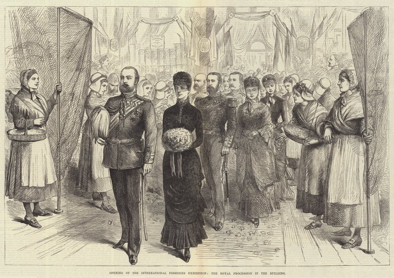 Eröffnung der Internationalen Fischereiausstellung, der königliche Umzug im Gebäude (Gravur) von English School