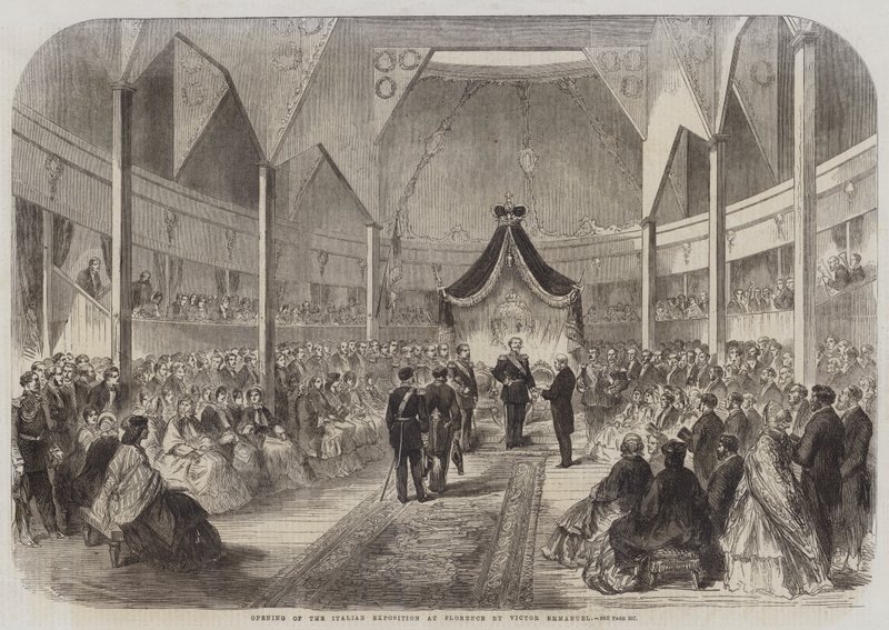 Eröffnung der italienischen Ausstellung in Florenz durch Victor Emmanuel (Stich) von English School