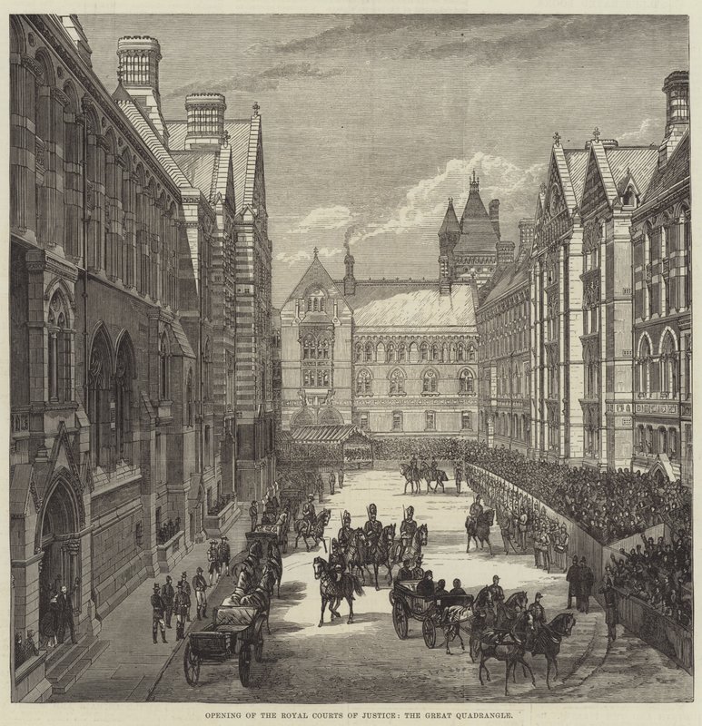 Eröffnung der Royal Courts of Justice, der große Innenhof (Stich) von English School
