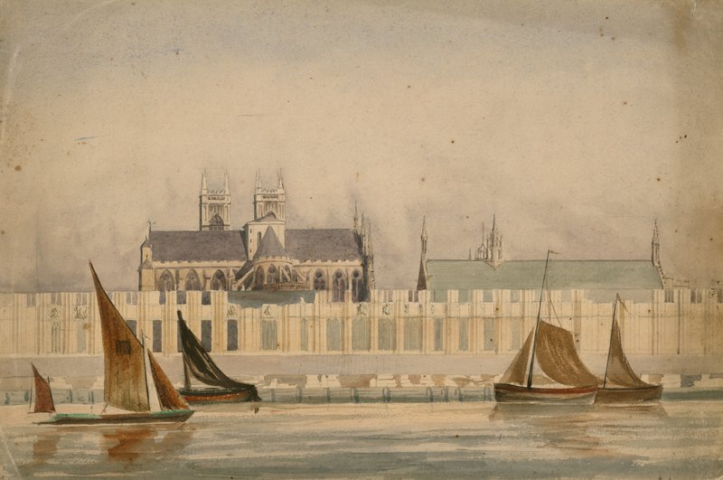 Original-Aquarellzeichnung des Parlamentshauses im Bau um 1842 von English School