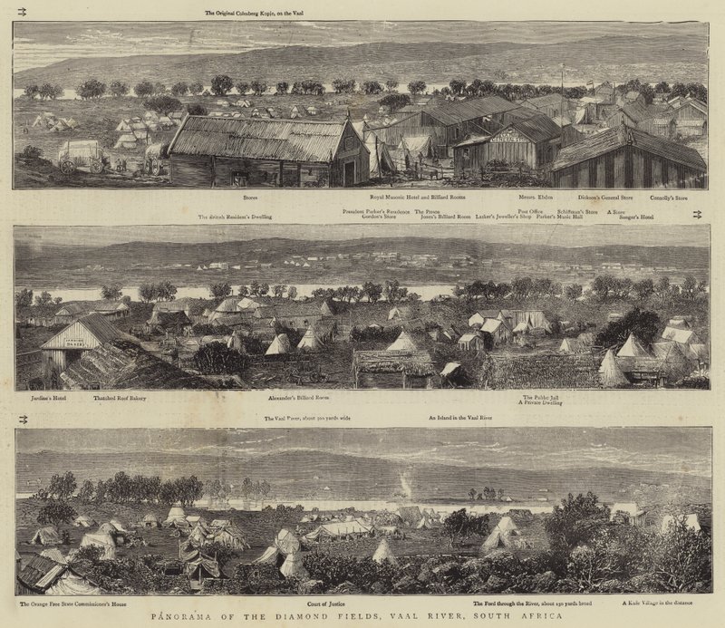 Panorama der Diamantenfelder, Vaal River, Südafrika (Stich) von English School