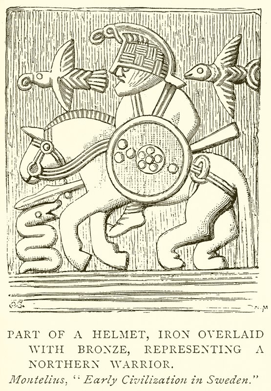 Teil eines Helms, Eisen mit Bronze überzogen, Darstellung eines nordischen Kriegers (Gravur) von English School