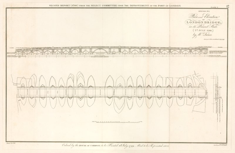 Plan und Aufriss der London Bridge, wie am 2. Juli 1799 von English School
