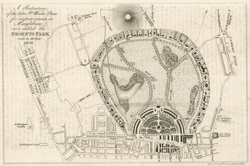Plan für Verbesserungen in Marylebone, London, jetzt genannt der Regents Park, gemacht im Jahr 1809 von English School