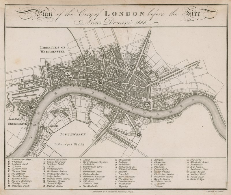 Plan der Stadt London vor dem Brand von 1666 von English School