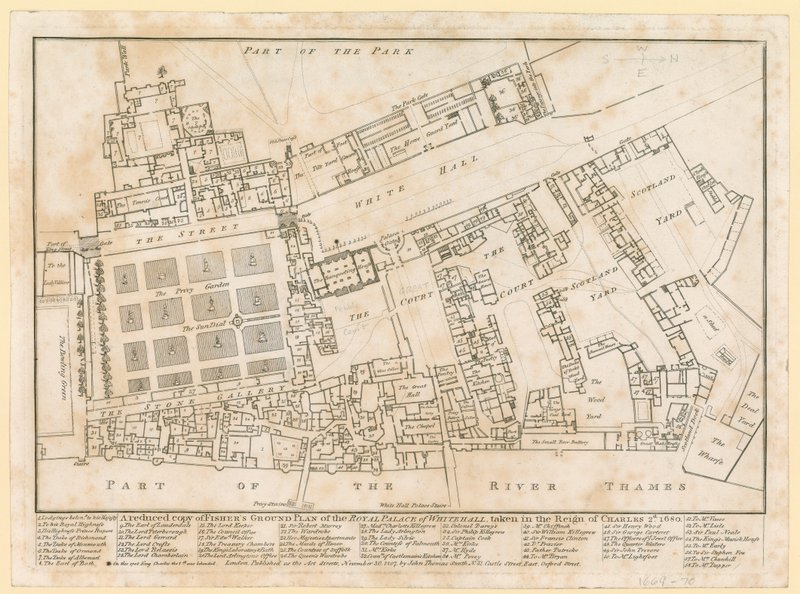 Plan des Palastes von Whitehall, aufgenommen in der Regierungszeit von Charles II, 1680 von English School