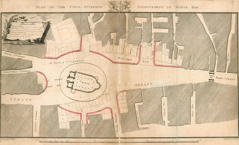 Plan der geplanten Verbesserung der Stadt bei Temple Bar, London von English School
