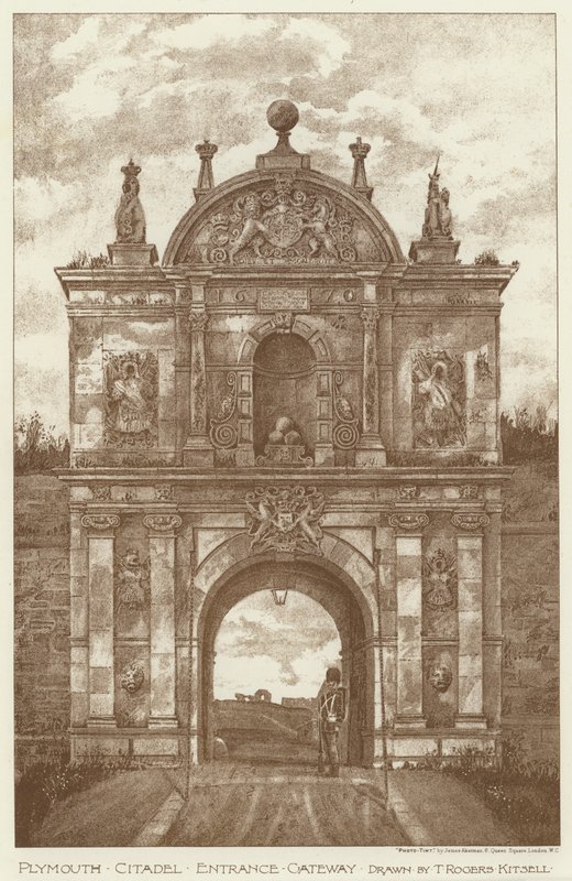 Plymouth Zitadelle, Eingangstor (Lithografie) von English School