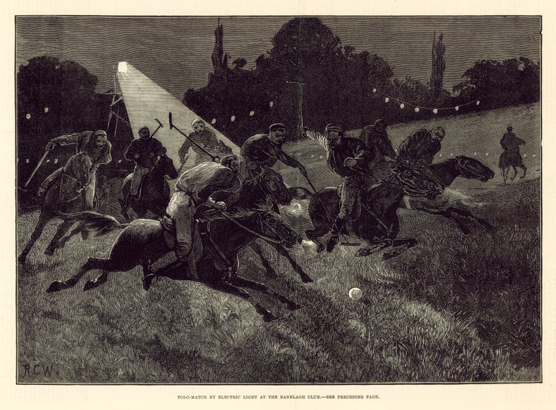 Polospiel bei elektrischem Licht in den Ranelagh Gardens von English School