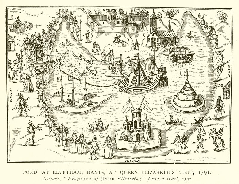 Teich in Elvetham, Hants, beim Besuch von Königin Elizabeth, 1591 von English School