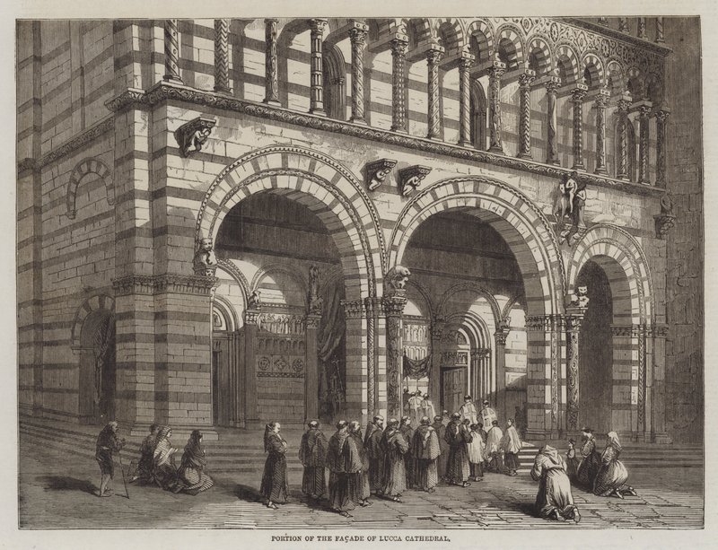 Teil der Fassade der Kathedrale von Lucca (Gravur) von English School