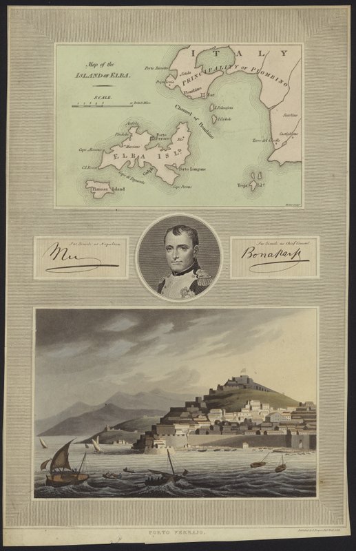 Porträt von Napoleon Bonaparte mit einer Karte und einer Ansicht von Elba von English School