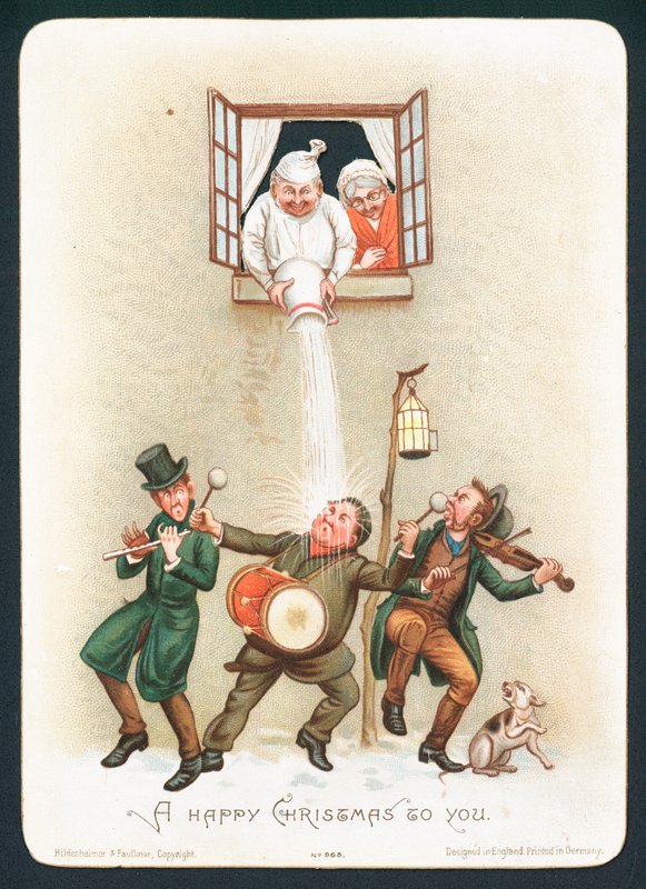 Wasser auf Feiernde gießen, Weihnachtskarte von English School