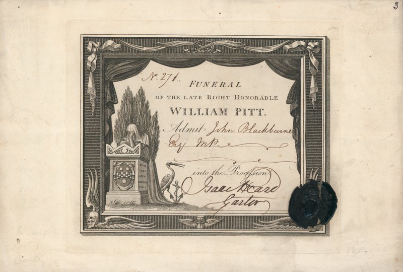 Prozessionseintrittskarte zur Beerdigung von William Pitt von English School