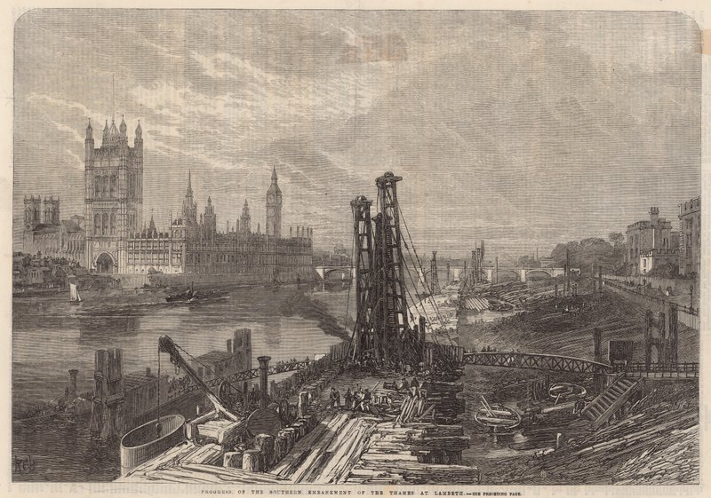 Fortschritt des südlichen Uferdamms der Themse in Lambeth von English School