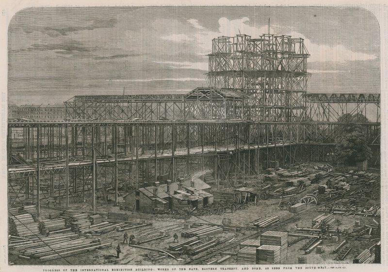 Fortschritt am International Exhibition Building; Arbeiten am Schiff, östliches Querschiff und Kuppel von English School