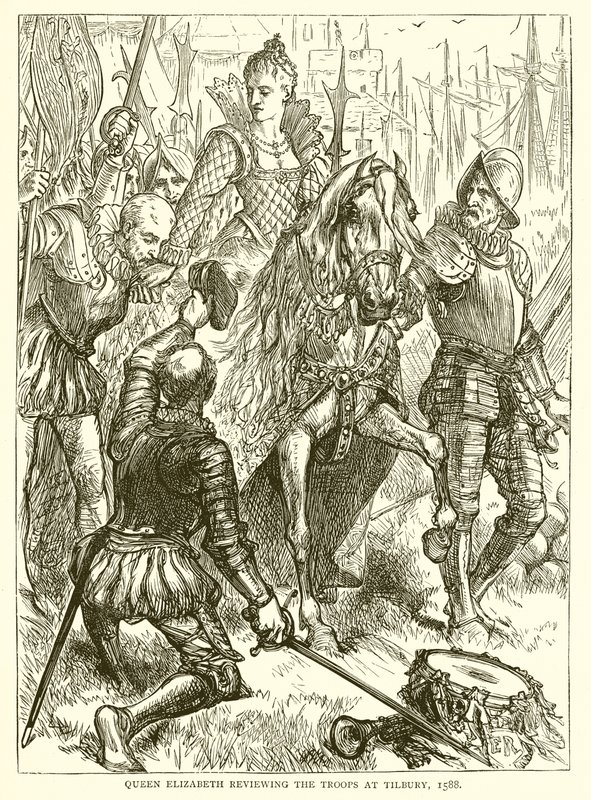 Königin Elizabeth inspiziert die Truppen in Tilbury, 1588 von English School