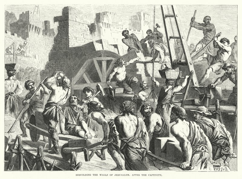 Wiederaufbau der Mauern Jerusalems nach der Gefangenschaft (Gravur) von English School