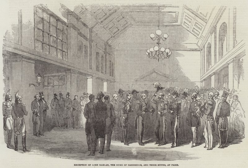 Empfang von Lord Raglan, dem Herzog von Cambridge und ihren Gefolgen in Paris (Gravur) von English School