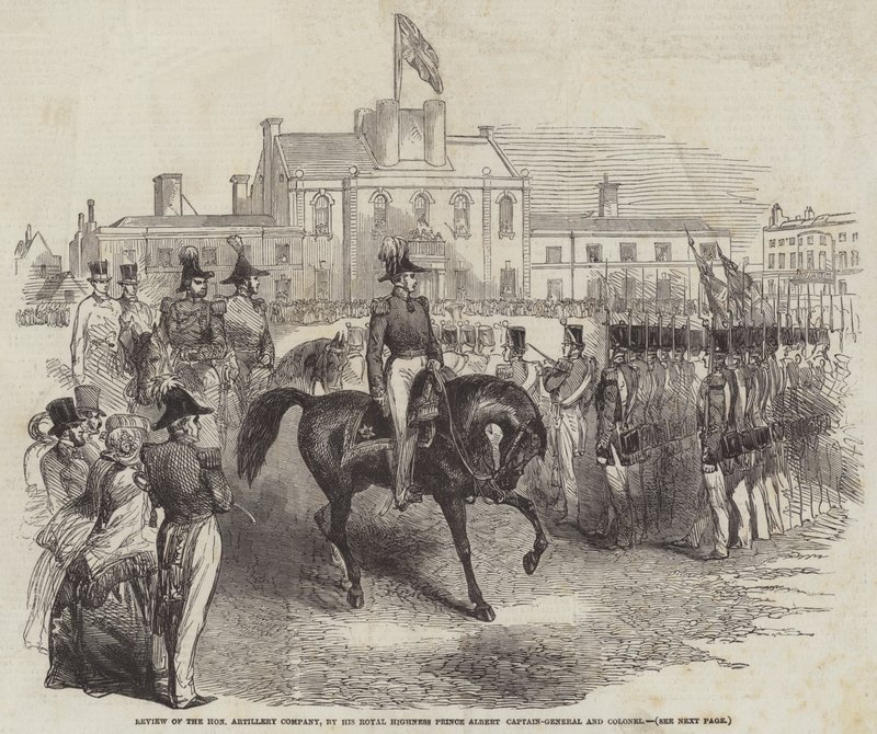 Überprüfung der Honourable Artillery Company durch Seine Königliche Hoheit Prinz Albert, Hauptmann-General und Oberst (Gravur) von English School