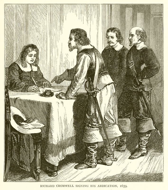 Richard Cromwell unterzeichnet seine Abdankung, 1659 von English School