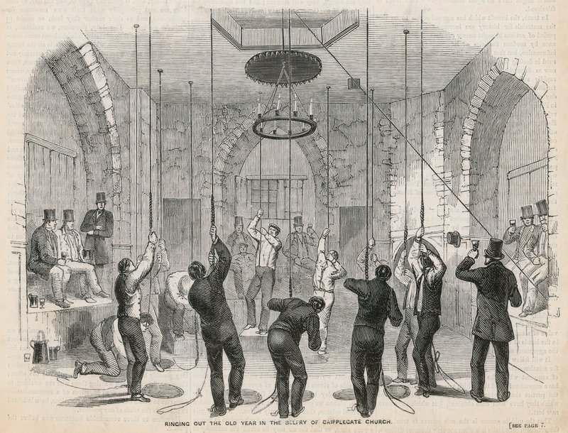 Das alte Jahr ausläuten im Glockenturm der Cripplegate Kirche von English School