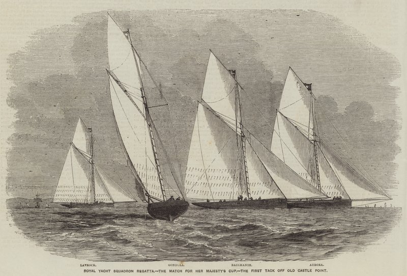 Regatta des Royal Yacht Squadron, das Rennen um den Pokal Ihrer Majestät, der erste Schlag vor Old Castle Point von English School