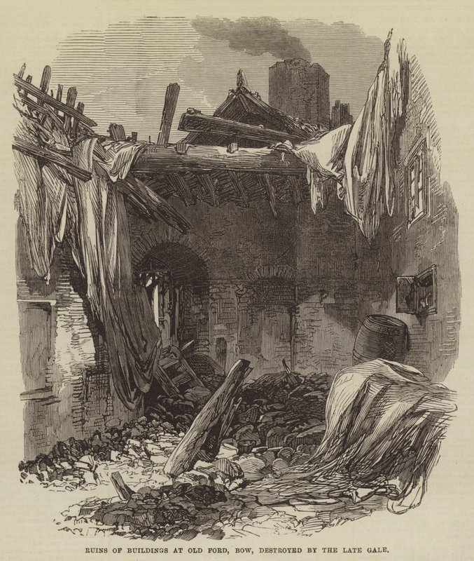 Ruinen von Gebäuden in Old Ford, Bow, zerstört durch den letzten Sturm von English School