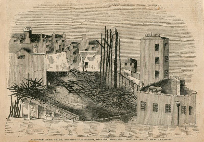 Ruinen des Olympic Theaters, durch Feuer zerstört, 29. März 1849 von English School