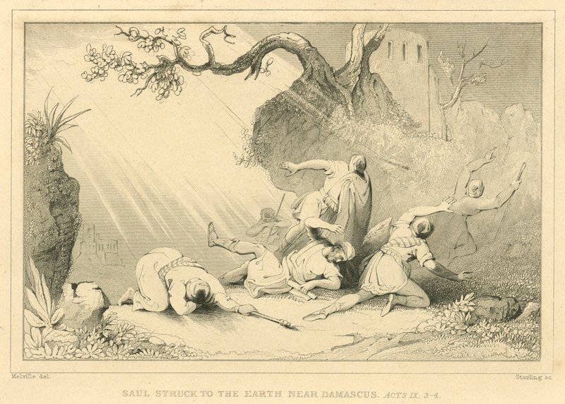 Saul wird in der Nähe von Damaskus zu Boden geschlagen, Apostelgeschichte IX, 3-4 (Gravur) von English School