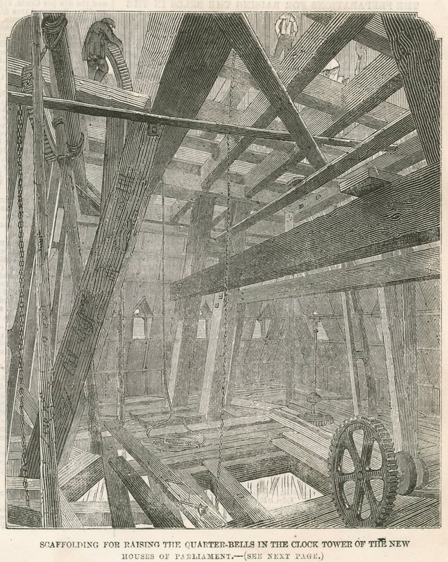 Gerüst zum Heben der Viertelglocken im Uhrturm der neuen Parlamentsgebäude von English School
