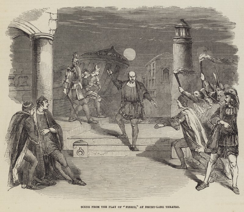Szene aus dem Stück „Fiesco“ im Drury-Lane-Theater (Stich) von English School