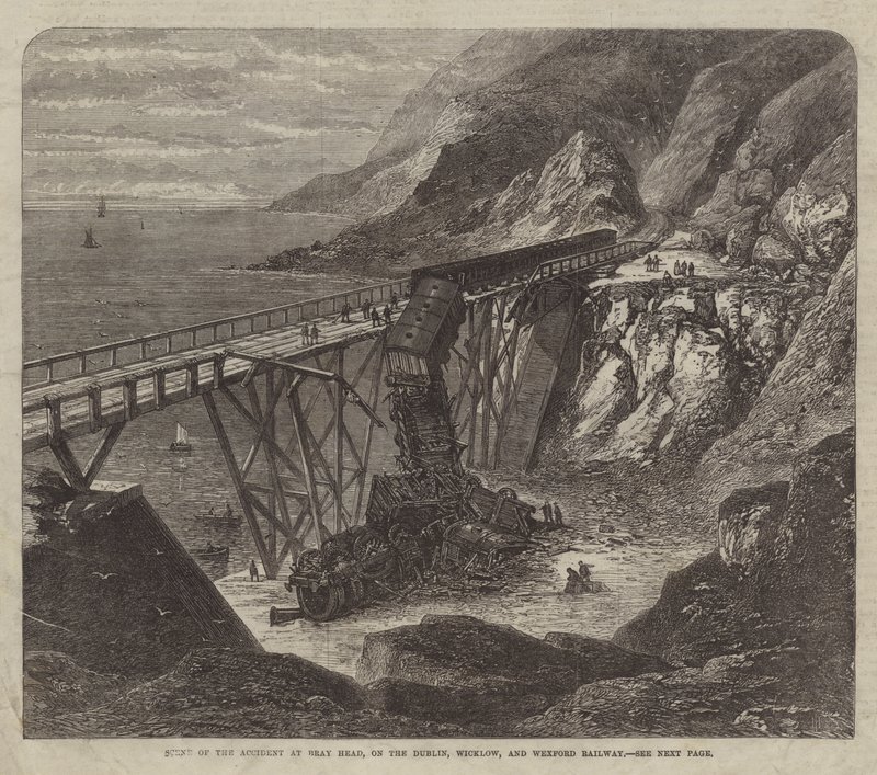 Unfallstelle bei Bray Head, auf der Dublin, Wicklow und Wexford Railway (Gravur) von English School