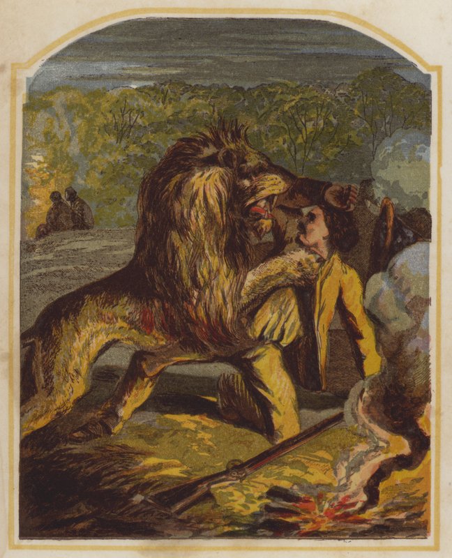 Schottischer Missionar David Livingstone von einem Löwen in Afrika angegriffen (Chromolithografie) von English School