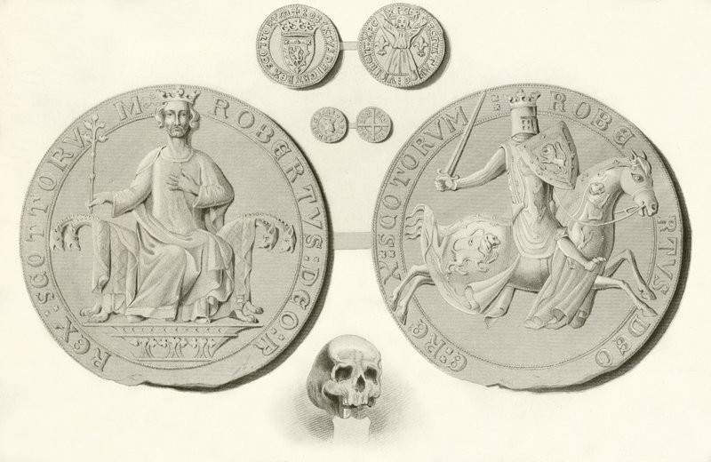 Siegel, Münzen und Schädel von König Robert Bruce von English School