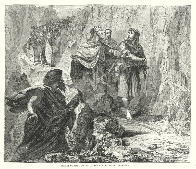 Schimi verflucht David auf seiner Flucht aus Jerusalem (Gravur) von English School