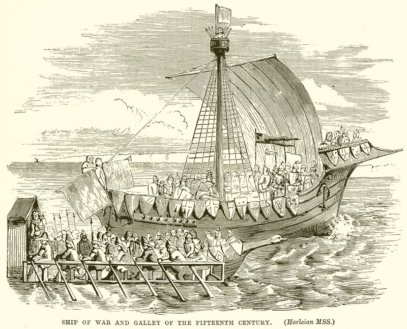 Kriegsschiff und Galeere des fünfzehnten Jahrhunderts von English School