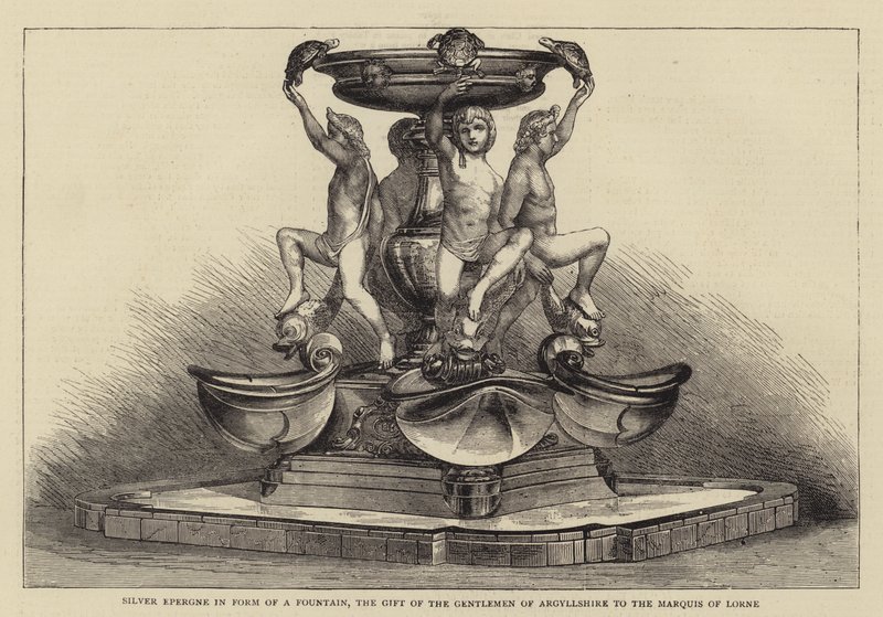 Silberne Epergne in Form eines Brunnens, das Geschenk der Herren von Argyllshire an den Marquis von Lorne (Gravur) von English School