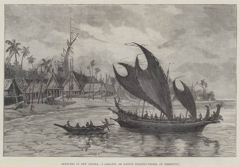 Skizzen in Neuguinea, ein Lakatoi oder einheimisches Handelsschiff von Kerepunu (Gravur) von English School
