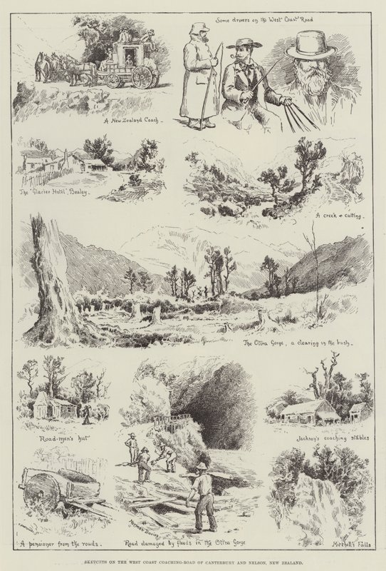 Skizzen an der Westküsten-Kutschstraße von Canterbury und Nelson, Neuseeland (Stich) von English School