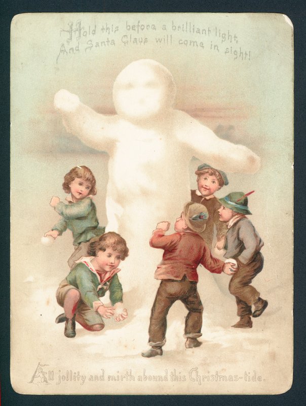 Schneemann, Kinder und Schneebälle, Weihnachtskarte von English School