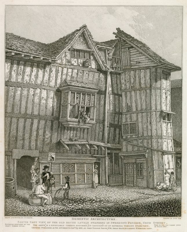 Südostansicht eines alten Hauses, das kürzlich in Sweedons Passage, Grub Street, stand von English School