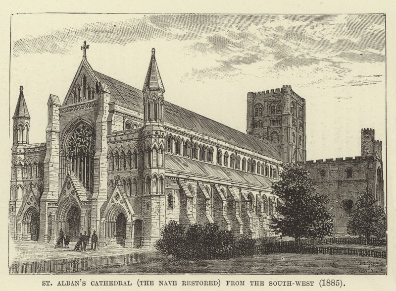 St Albans Kathedrale, das restaurierte Kirchenschiff, von Südwesten, 1885 von English School
