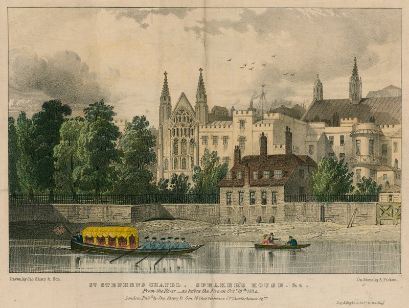 St. Stephens Kapelle, Speakers House usw., Westminster, London, vom Fluss Thames von English School