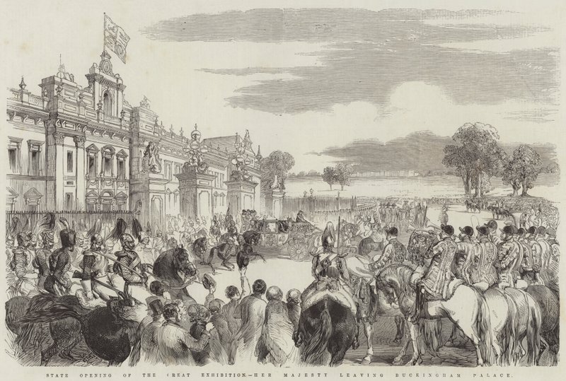 Staatliche Eröffnung der Großen Ausstellung, Ihre Majestät verlässt den Buckingham Palace (Stich) von English School